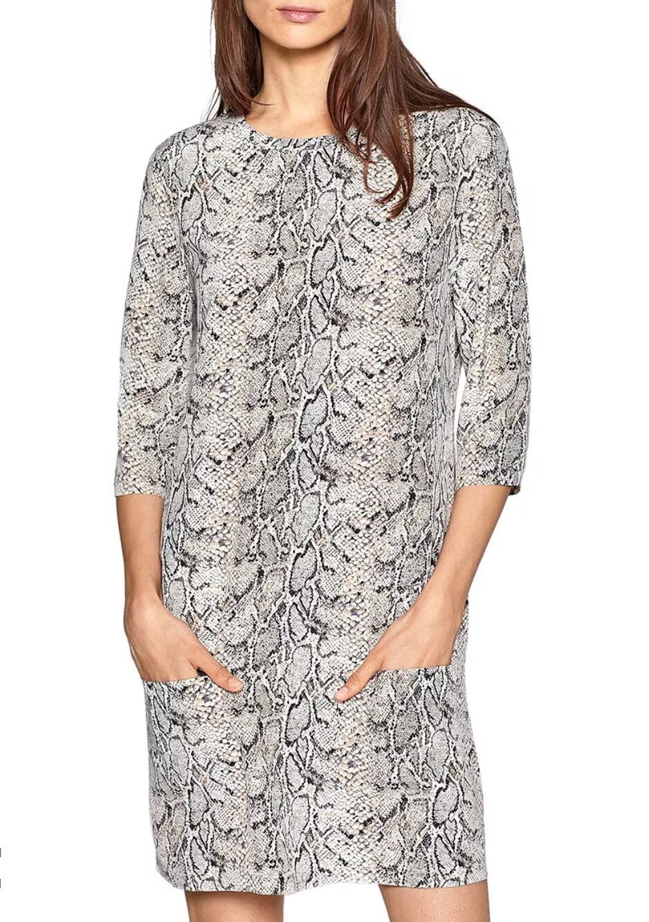 Equipment Aubrey Three Quarter Sleeve Printed Silk Shift Dress Small Tan Black